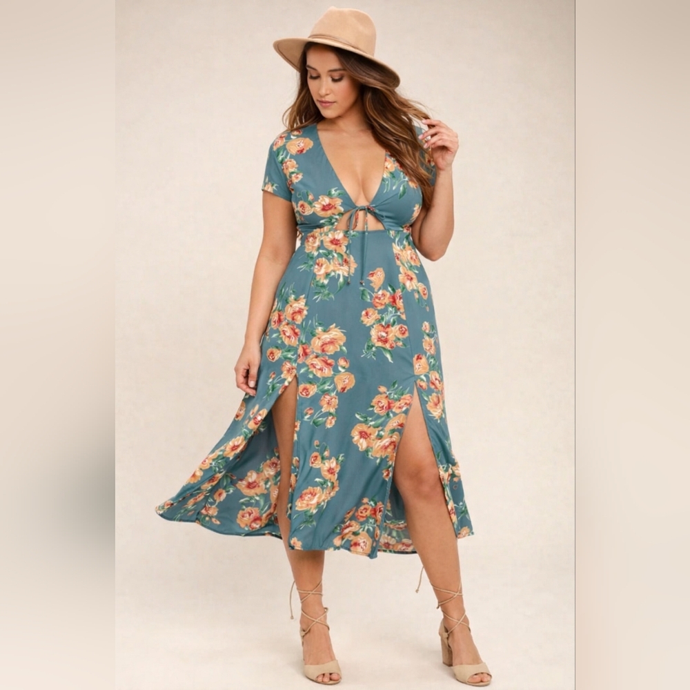 Floral Tie-Front Teal Maxi Dress - Picture 3 of 5